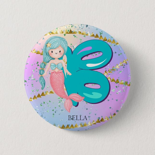 Letter B Monogram Watercolor Niedlich Mermaid Kind Button (Vorderseite)