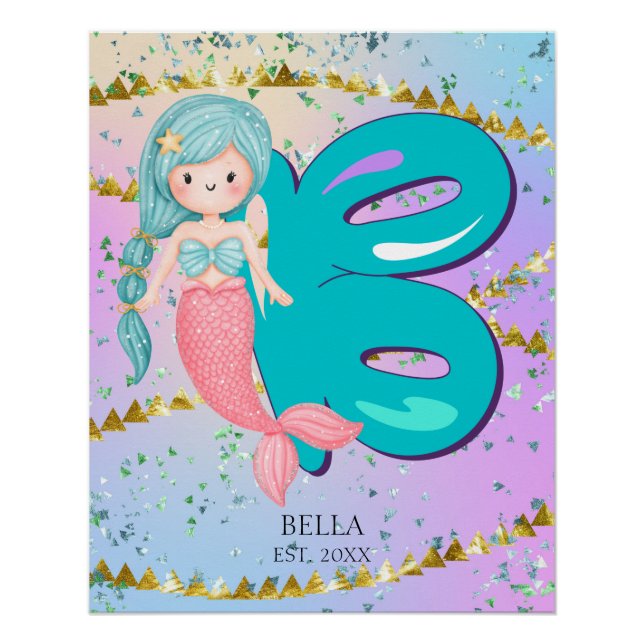 Letter B Monogram Watercolor Niedlich Mermaid Kind Poster (Vorderseite)