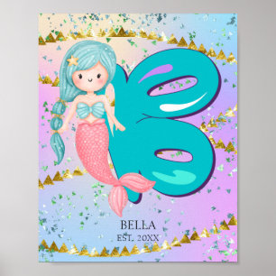 Letter B Monogram Watercolor Niedlich Mermaid Kind Poster