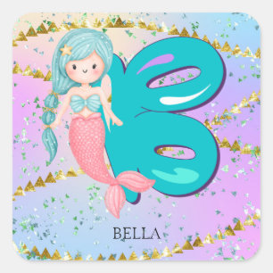 Letter B Monogram Watercolor Niedlich Mermaid Kind Quadratischer Aufkleber