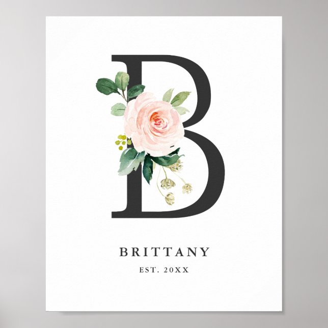Letter B Monogram Watercolor Peach Florals Kinderz Poster (Vorne)
