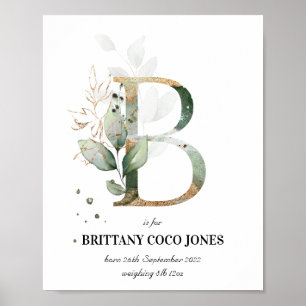 Letter B New Baby Monogram Birth Print Green Poster