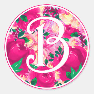 Letter B Pink Watercolor Floral Circle Monogram Runder Aufkleber
