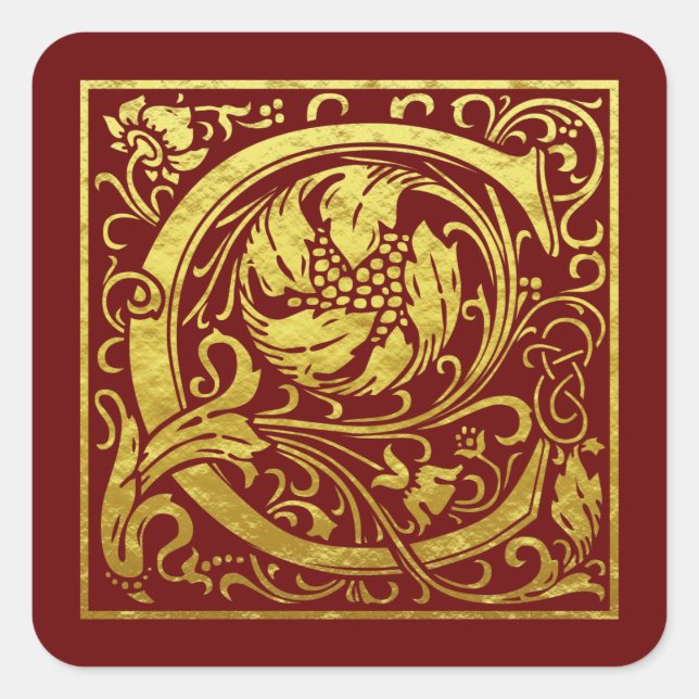 Letter C First Letter Imitats Gold Red Quadratischer Aufkleber (Vorderseite)