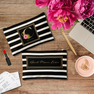 Letter C Floral Monogramm Schwarz-weiße Streifen Zubehörtasche