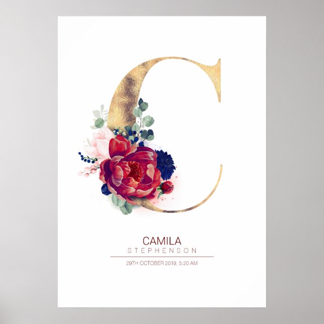 Letter C Monogram Floral Navy Blue und Burgundy Poster (Vorne)
