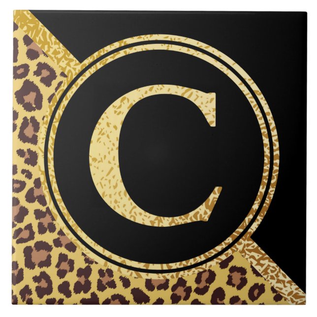 Letter C Monogram Leopard Print Gold and Black Fliese (Vorderseite)