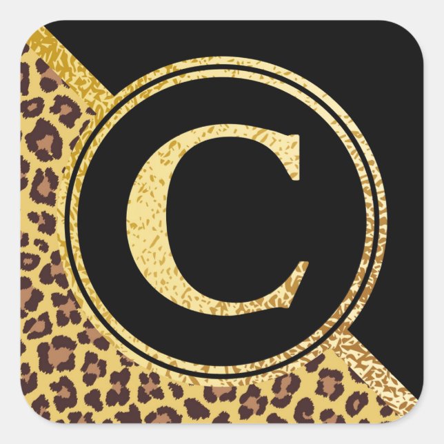 Letter C Monogram Leopard Print Gold and Black Quadratischer Aufkleber (Vorderseite)