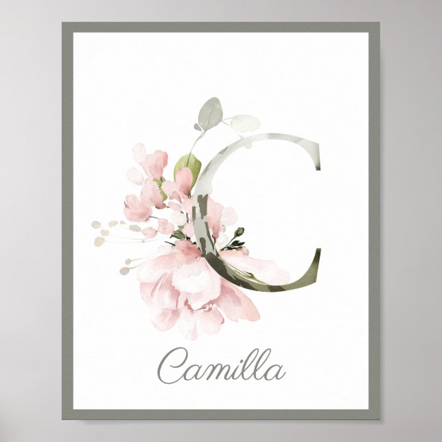 Letter C Monogram Pink Rose Foliage Kinderzimmer P Poster (Vorne)