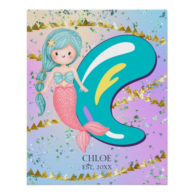 Letter C Monogram Watercolor Niedlich Mermaid Kind Poster (Vorderseite)