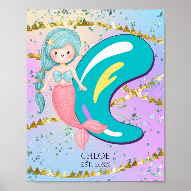 Letter C Monogram Watercolor Niedlich Mermaid Kind Poster (Vorne)