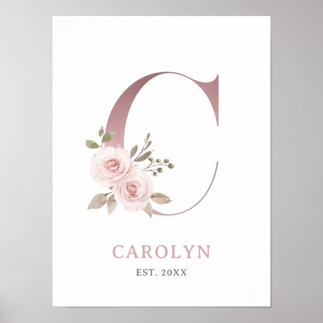 Letter C Monogram Watercolor Rose Florals Kinderzi Poster (Vorne)