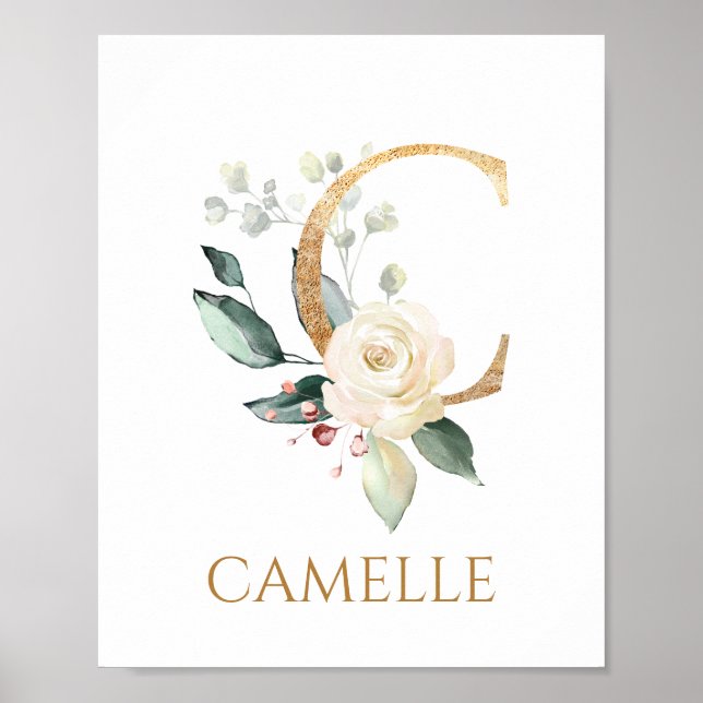Letter C Monogram white creme Rose Kinderzimmer Po Poster (Vorne)