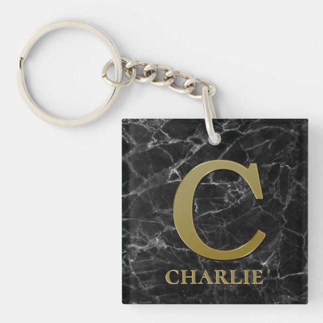 Letter C Monogramm auf schwarzem Marmor Schlüsselanhänger (Vorderseite)
