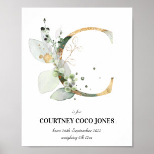 Letter C New Baby Monogram Birth Print Greenery Poster