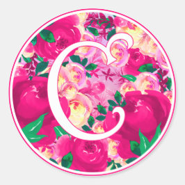Letter C Pink Watercolor Floral Circle Monogram Runder Aufkleber