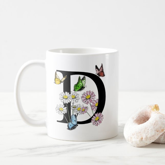Letter D Botanic Watercolor Butterfly Monogram Kaffeetasse (Mit Donut)