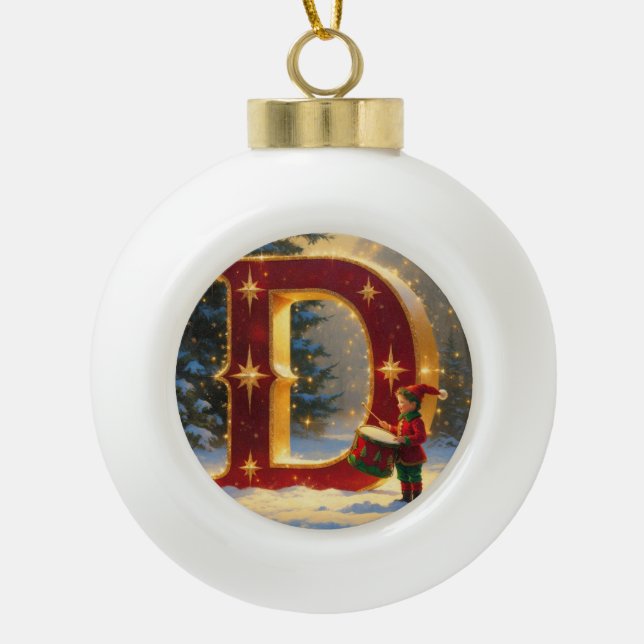 Letter D Christmas Drummer Personalized Initial Keramik Kugel-Ornament (Vorderseite)