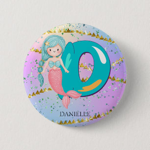 Letter D Monogram Watercolor Niedliches Mermaid-Ki Button