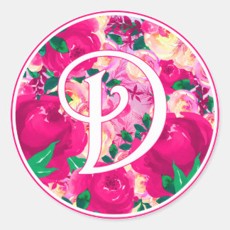 Letter D Pink Watercolor Floral Circle Monogram Runder Aufkleber