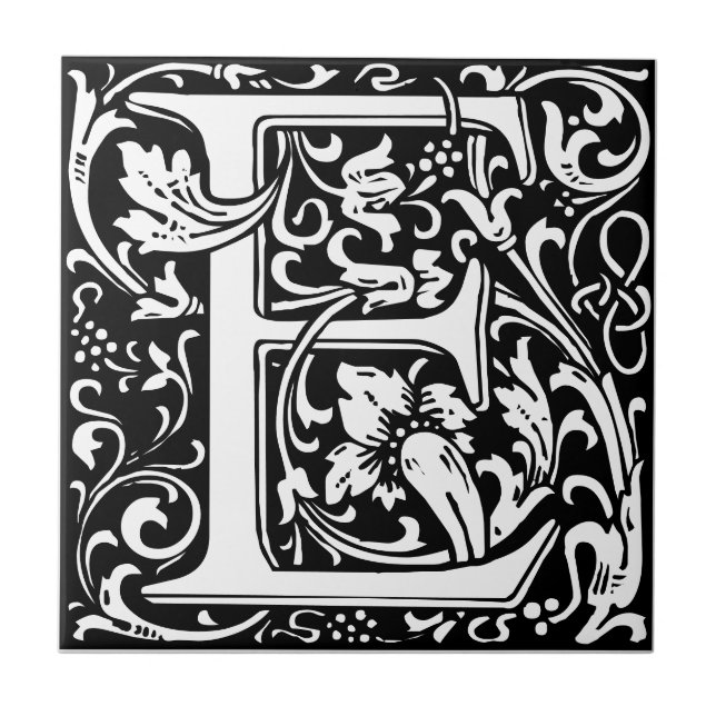 Letter E Art Nouveau Schwarz/Weiß Tile Fliese (Vorderseite)