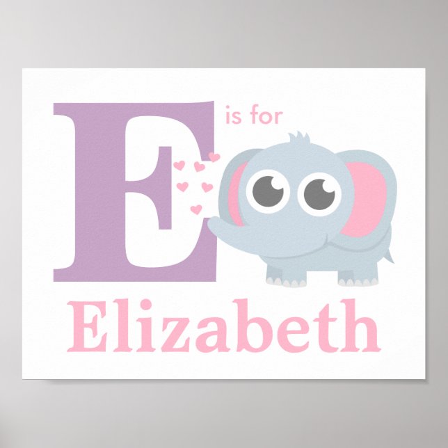 Letter E Baby Elephant mit Liebe Girls Zimmerdekor Poster (Vorne)