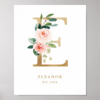 Letter E Blush Floral Monogram Gold Foil Kinderzim