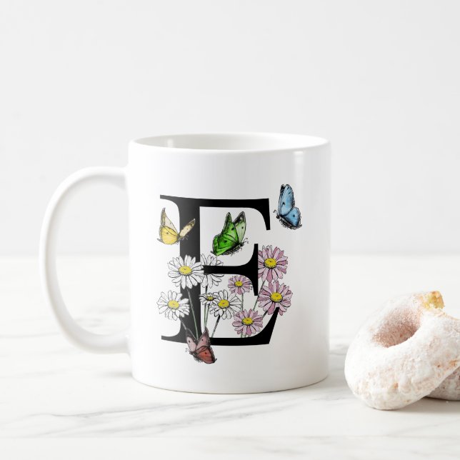 Letter E Botancolate Butterfly Monogram Kaffeetasse (Mit Donut)