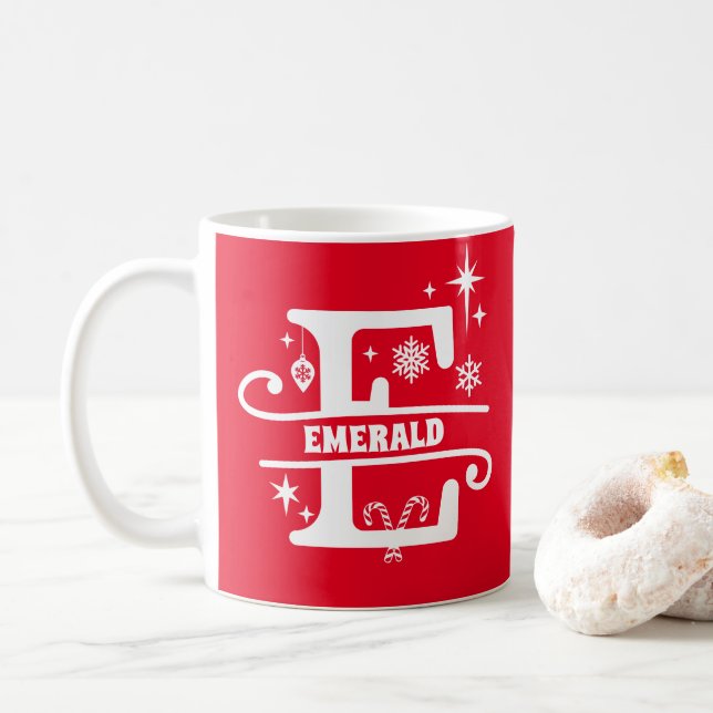 Letter E Christmas Monogram, Anfangsname Rot Kaffeetasse (Mit Donut)