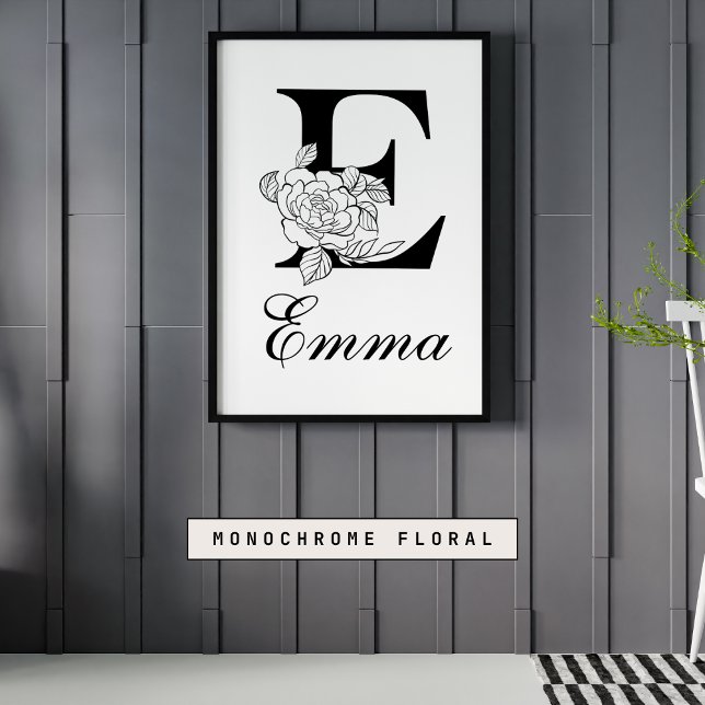 Letter E Floral Modern Black Monogram Kinderzimmer Poster (Von Creator hochgeladen)