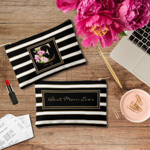 Letter E Floral Monogram Schwarz-weiße Streifen Zubehörtasche