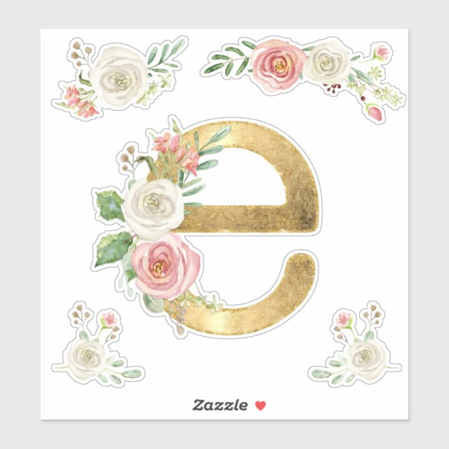 Letter E Initial Gold Blush Rose Floral Wasserfarb Aufkleber (Blatt)