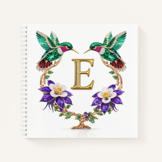 Letter E Jeweled Hummingbird Personalized Wedding  Notizbuch (Vorderseite)