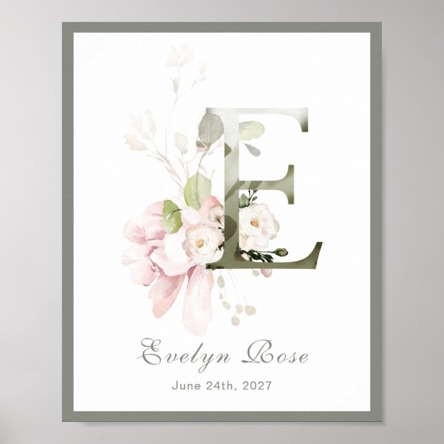 Letter E Monogram Pink Rose Foliage Kinderzimmer P Poster (Vorne)