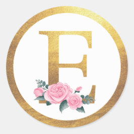 Letter E Monogram Pink Roses Floral & Elegante Gol Runder Aufkleber