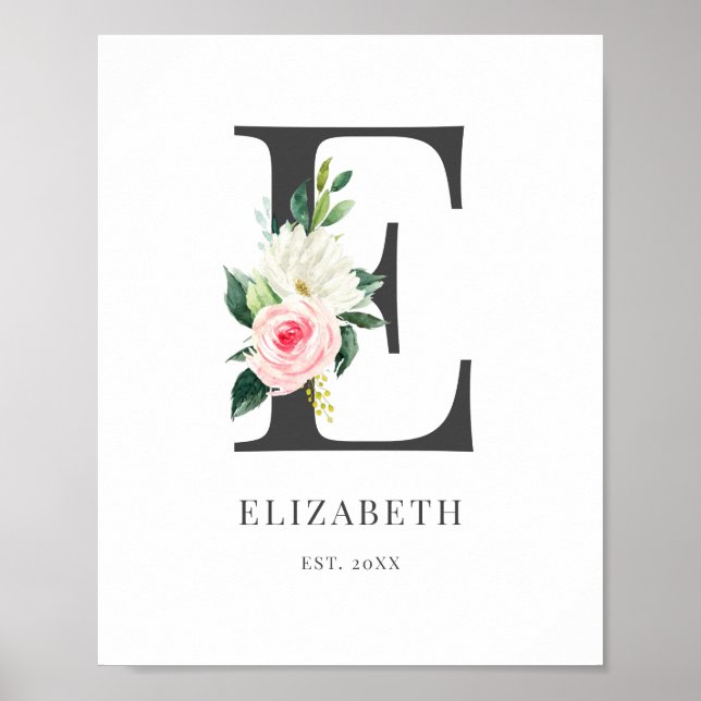Letter E Monogram Watercolor Florals Poster (Vorne)