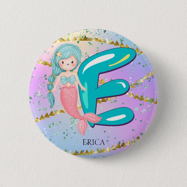 Letter E Monogram Watercolor Niedlich Mermaid Kind Button (Vorderseite)