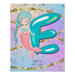 Letter E Monogram Watercolor Niedlich Mermaid Kind Poster