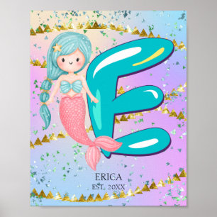 Letter E Monogram Watercolor Niedlich Mermaid Kind Poster