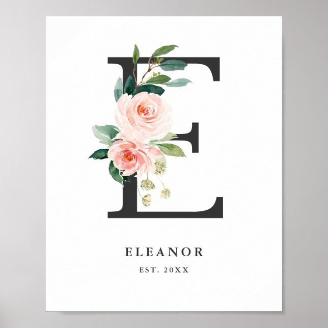 Letter E Monogram Watercolor Peach Florals Kinderz Poster (Vorne)