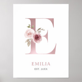 Letter E Monogram Watercolor Rose Florals Kinderzi Poster