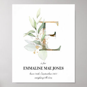 Letter E New Baby Monogram Birth Print Greenery Poster