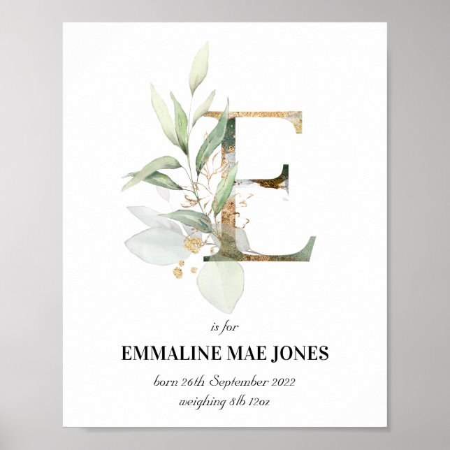 Letter E New Baby Monogram Birth Print Greenery Poster (Vorne)