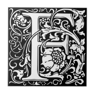 Letter F art nouveau black and white Tile Fliese