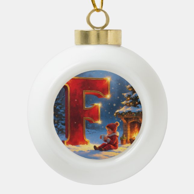 Letter F Christmas Fireplace Personalized Initial Keramik Kugel-Ornament (Vorderseite)