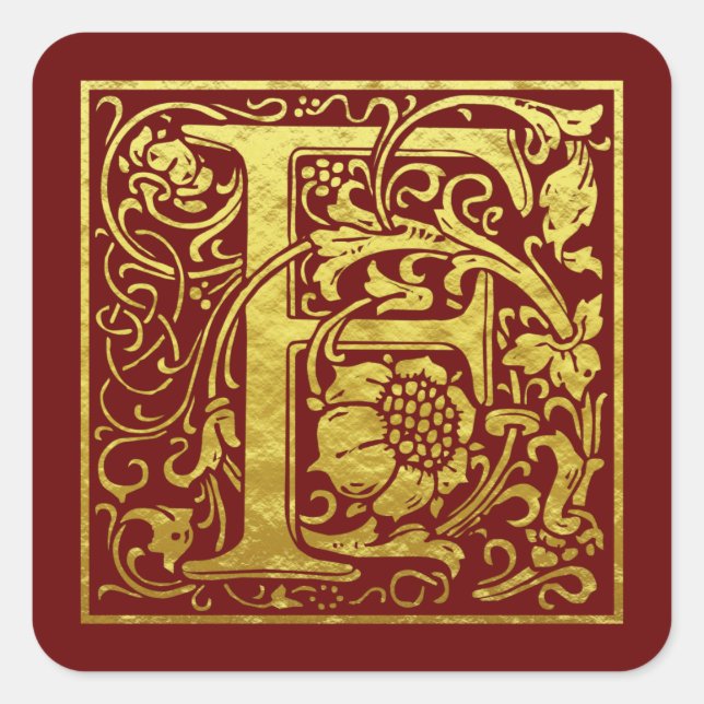 Letter F First Letter Imitats Gold Red Quadratischer Aufkleber (Vorderseite)