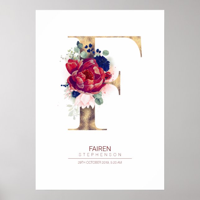 Letter F Monogram Floral Navy Blue and Burgundy Poster (Vorne)