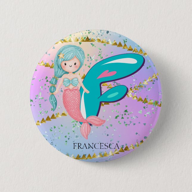 Letter F Monogram Watercolor Niedlich Mermaid Kind Button (Vorderseite)