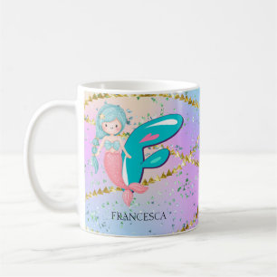 Letter F Monogram Watercolor Niedlich Mermaid Kind Kaffeetasse