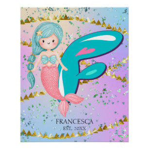 Letter F Monogram Watercolor Niedlich Mermaid Kind Poster